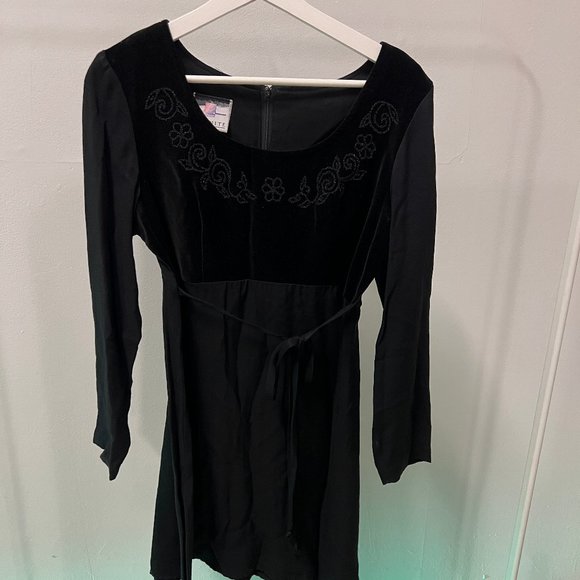 Vintage Long Sleeve Black Dress with Velvet and Embroidery - Picture 1 of 6